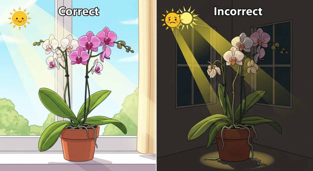 2D cartoon showing correct and incorrect orchid light placements - how to care for orchids indoors