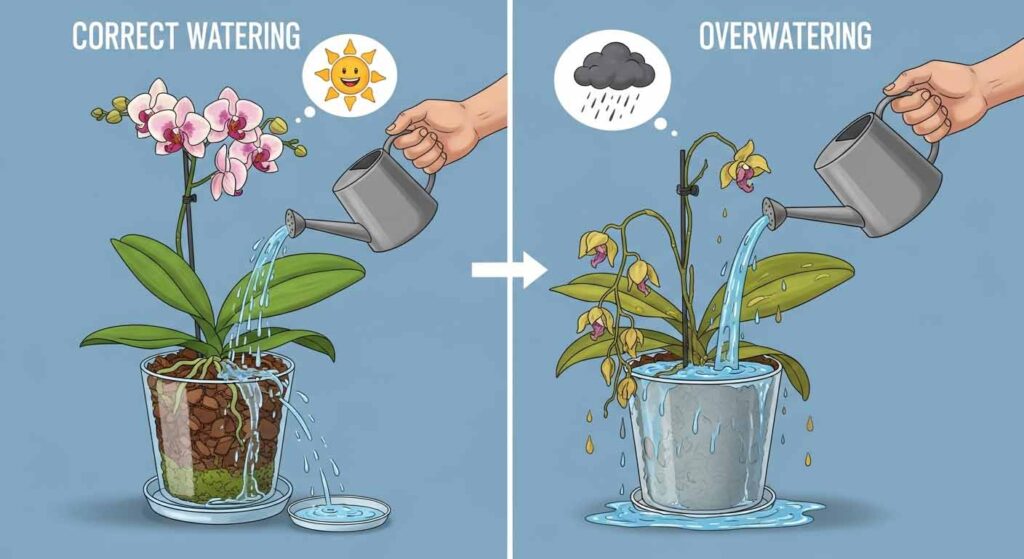 Cartoon showing right and wrong ways to water orchids - how to care for orchids indoors