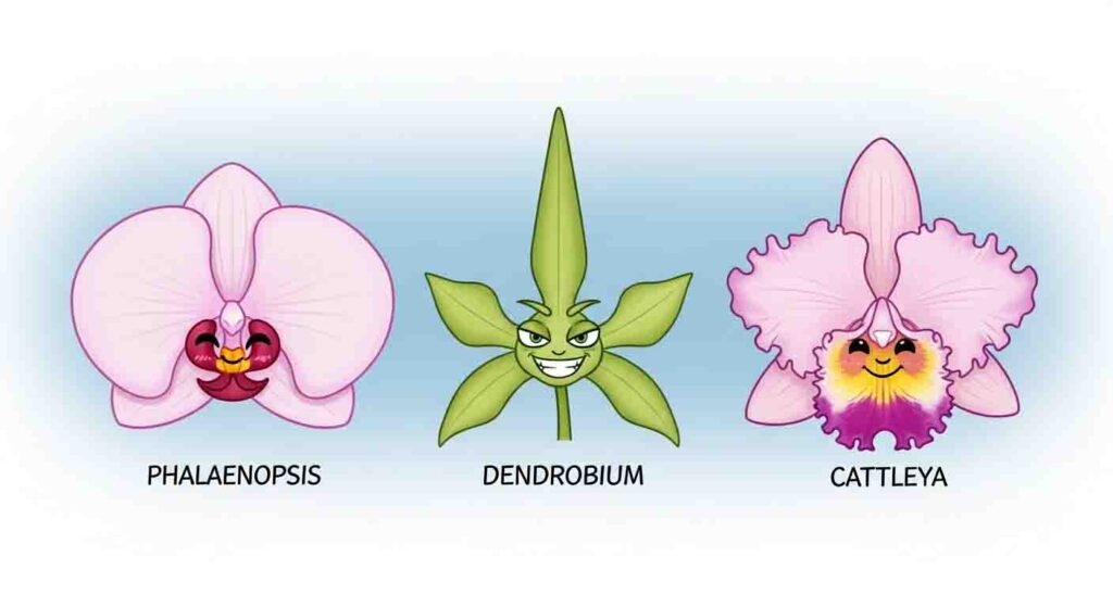 Beginner-friendly orchid varieties cartoon illustration