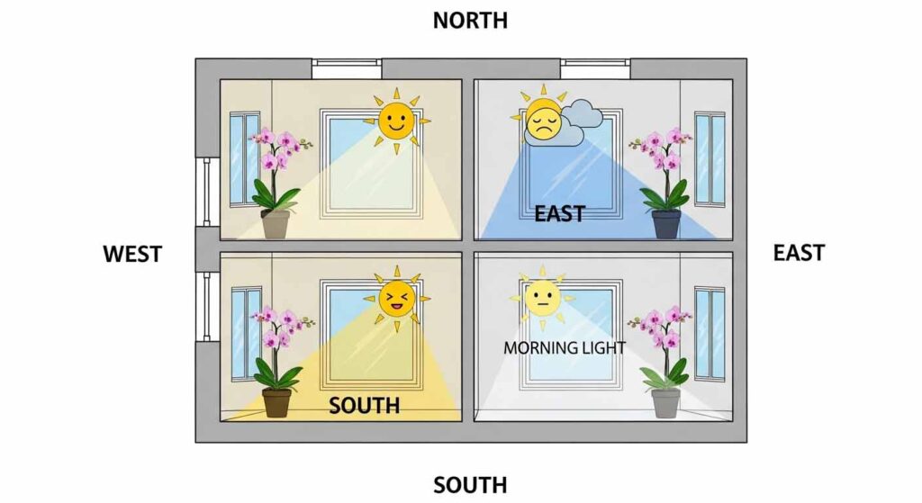 Cartoon diagram of best window directions for placing orchids indoors