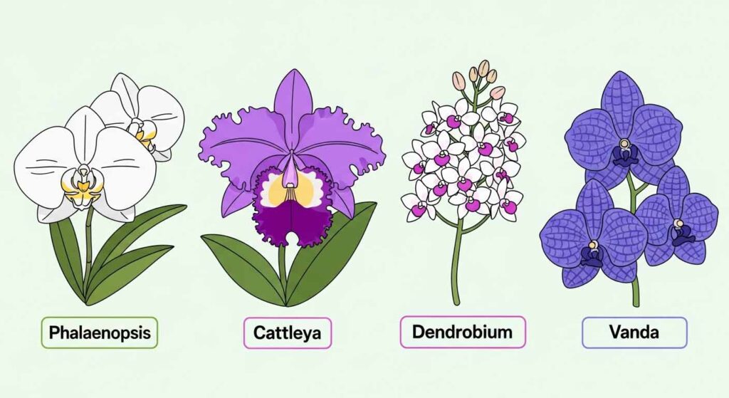 Cartoon guide showing common indoor orchid types - how to care for orchids indoors