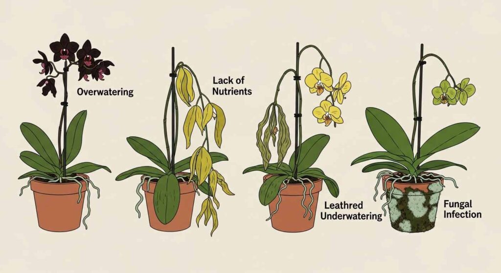 Cartoon guide to signs of bad orchid placement indoors