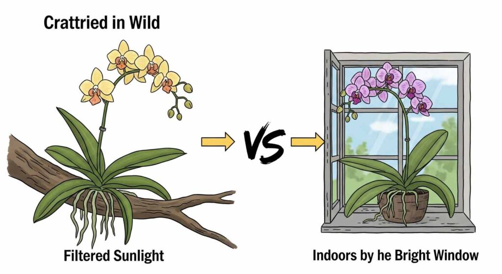 Cartoon illustration comparing orchid's natural habitat to ideal indoor placement