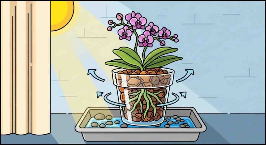 Cartoon illustration of proper mini orchid care setup