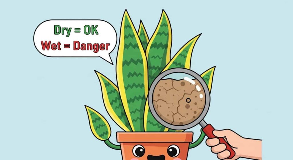 Cartoon showing a snake plant and magnifying glass checking dry soil - how often water snake plant