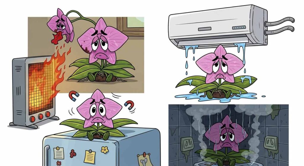 Cartoon showing common bad places to keep orchids indoors