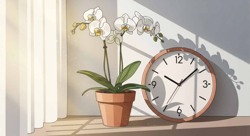 Cartoon showing how much sunlight orchids need indoors