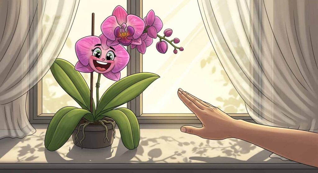 Cartoon showing how to test orchid light levels indoors