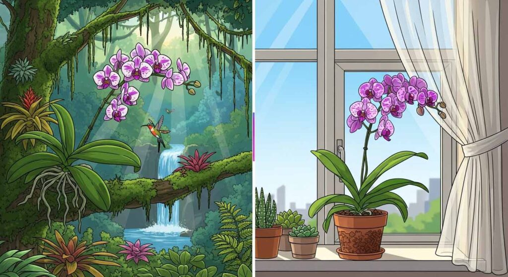 Cartoon showing wild orchid environment compared to indoor care setup - how to care for orchids indoors
