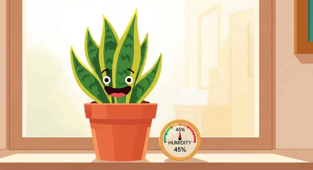 Cartoon snake plant on a windowsill beside a hygrometer reading 45% - do snake plants like humidity