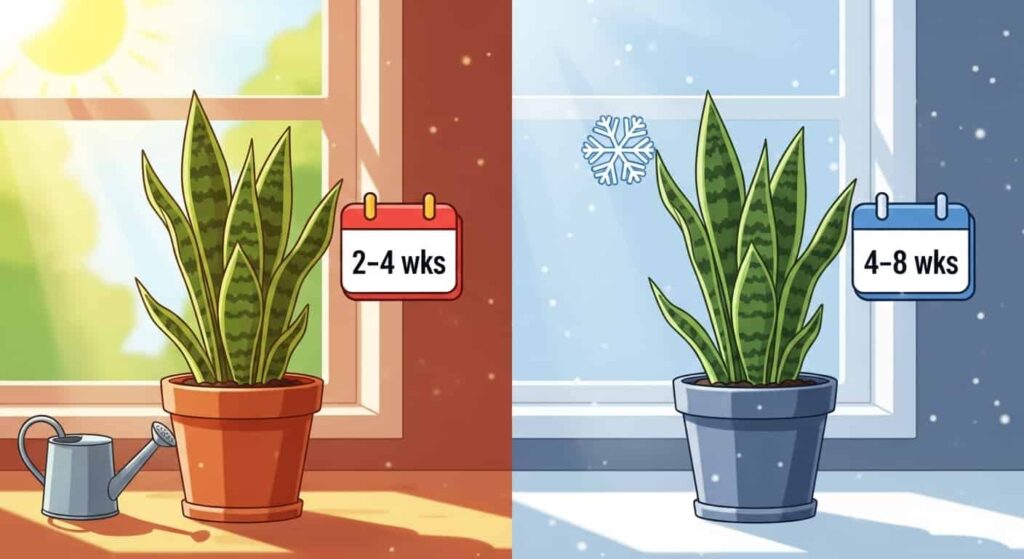Cartoon split image showing summer vs winter watering schedules - how often water snake plant