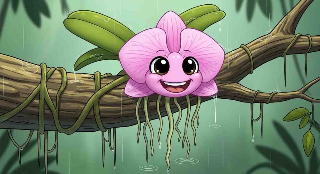 Orchid showing natural epiphytic growth on tree branch