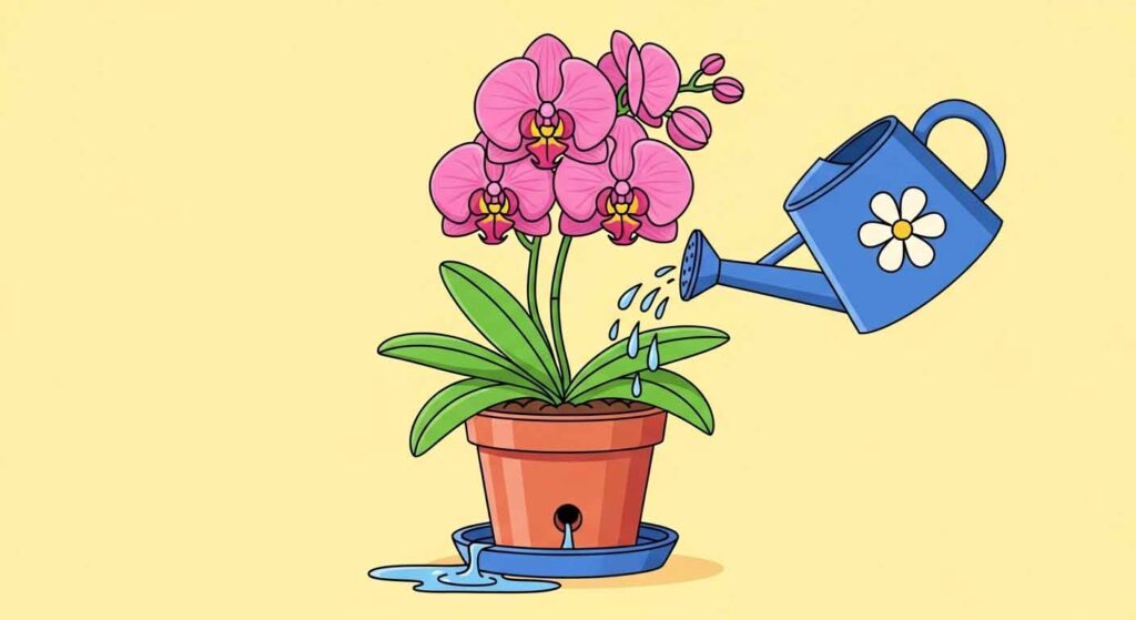 Proper orchid watering technique cartoon