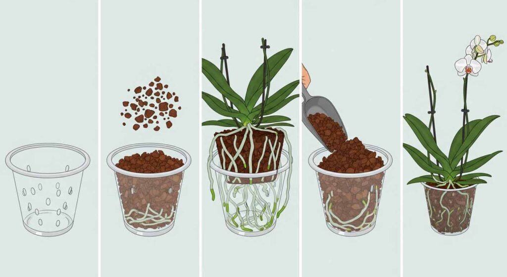 Step-by-step planting orchid in pot illustration