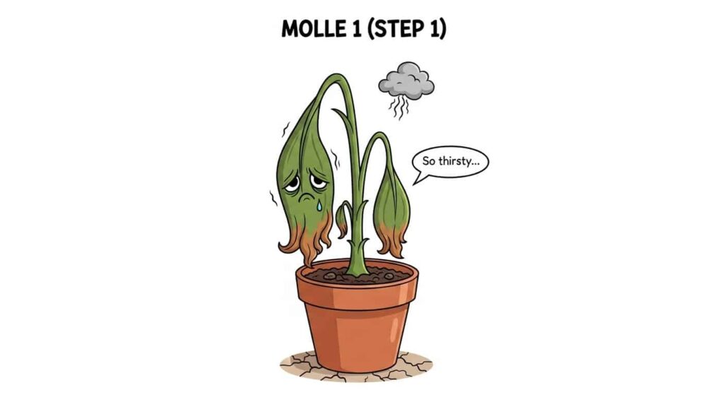 Three-panel cartoon troubleshooting snake plant problems related to humidity - do snake plants like humidity