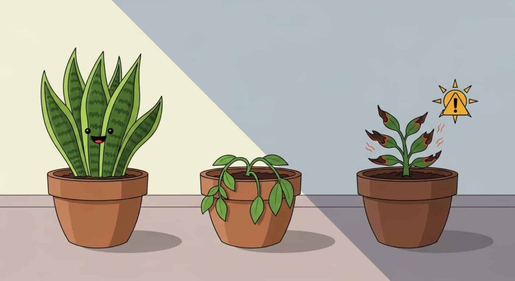 Cartoon comparison of snake plants in indirect light, low light, and direct sun