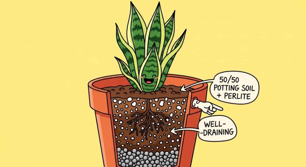Cross-section cartoon of a pot showing well-draining soil mix for a snake plant