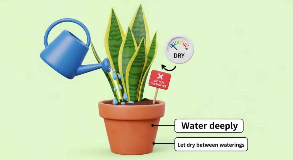 Cartoon illustration of watering a snake plant correctly — watering can, moisture meter, and pot with drainage
