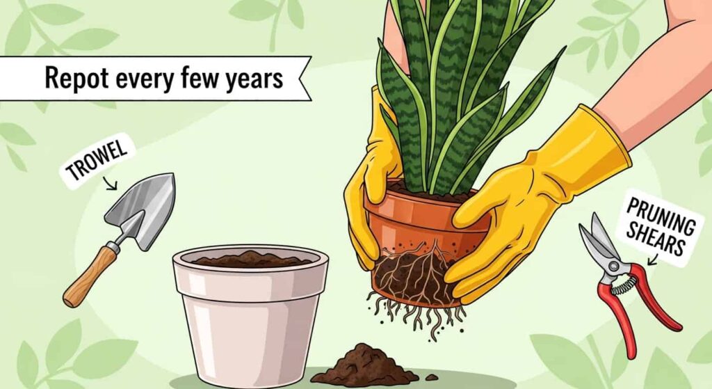Cartoon repotting demonstration for a snake plant with tools and labeled steps