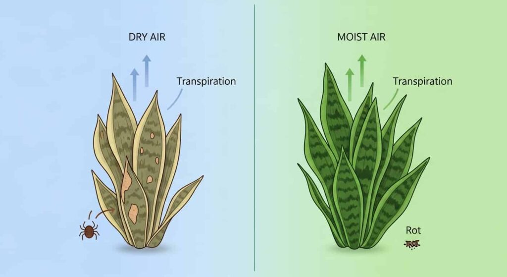Cartoon comparison: snake plant in dry conditions vs. humid conditions with effect - do snake plants like humidity
