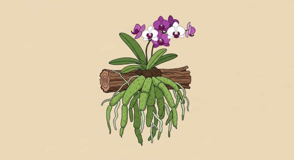 Cartoon orchid with roots growing on bark above ground, showing it doesn’t grow in soil