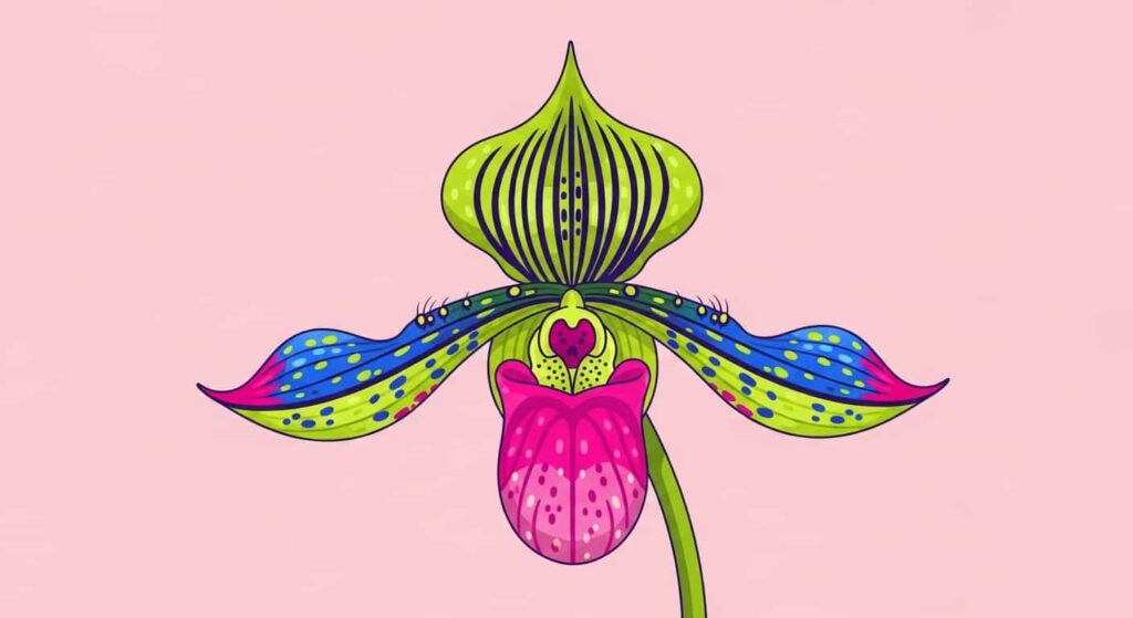 Cartoon of a Paphiopedilum slipper orchid flower with a pouch-shaped petal on a flat light-pink background.
