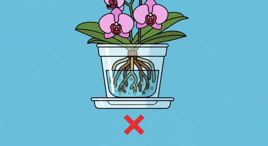 Orchid cartoon showing roots rotting in water with a red X sign, warning against overwatering