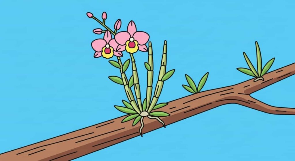 Cartoon of a Dendrobium orchid with cane stems and leaves growing on a tree branch