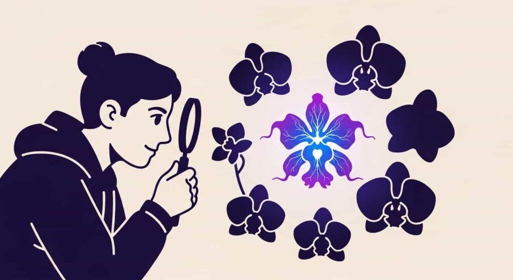 Cartoon of an orchid collector admiring one glowing rare orchid among ordinary orchids on a beige background