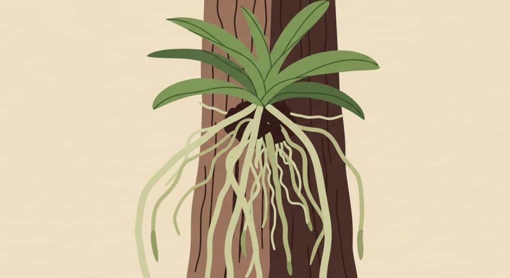 Cartoon illustration of orchid roots growing on tree bark with exposed roots in the air.