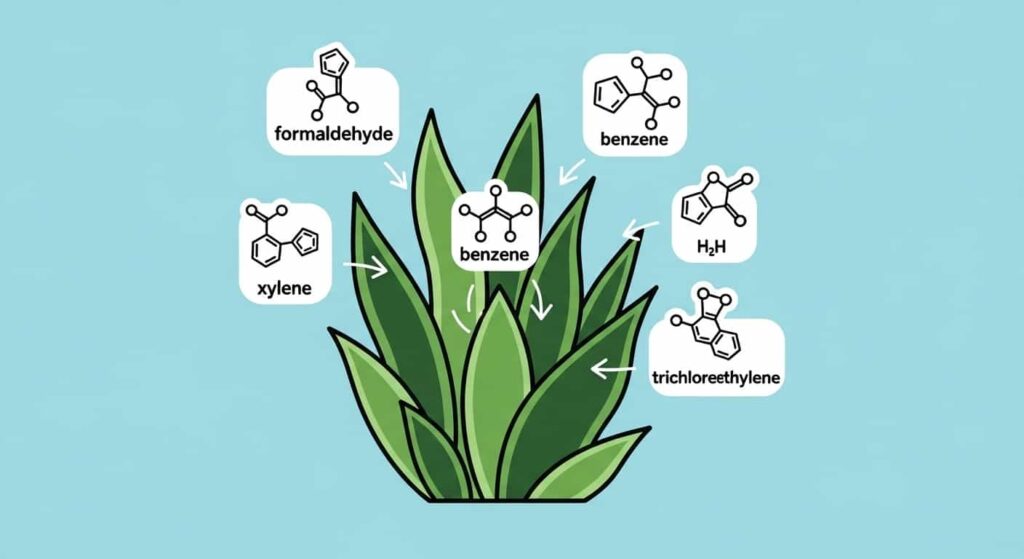 Cartoon snake plant filtering harmful chemicals from the air