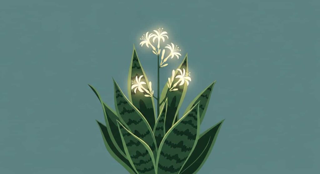 "Symbolic illustration of rare snake plant bloom on teal background"