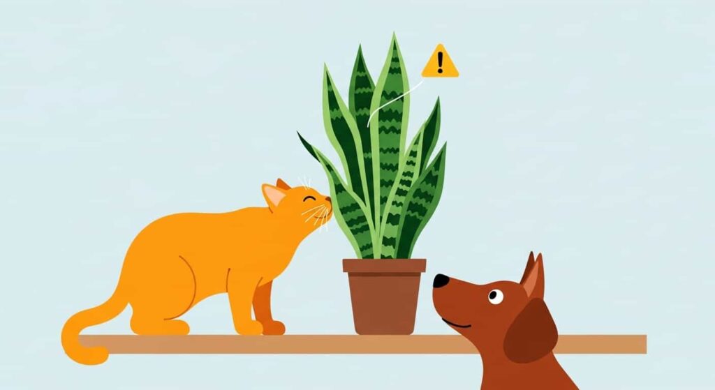 Cartoon illustration of a cat and dog near a snake plant with a warning sign showing potential toxicity