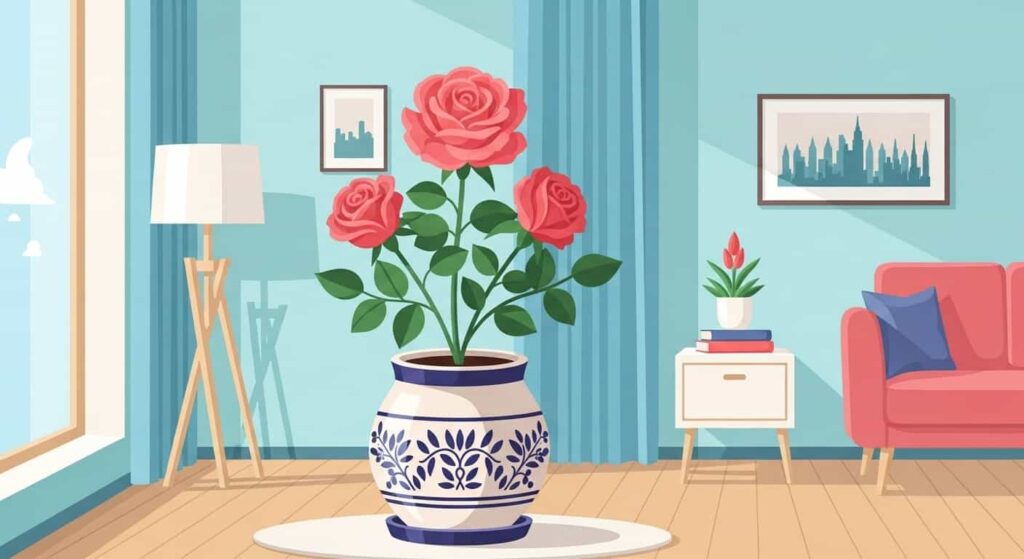 Cartoon illustration of an indoor rose in a decorative pot adding beauty to home decor