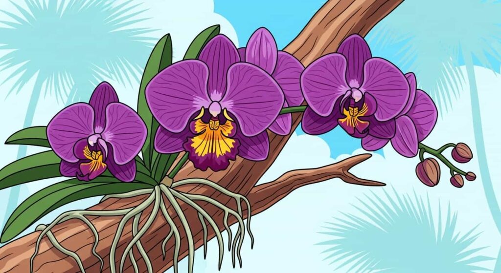 Cartoon orchids growing on a tree branch, showing epiphytic roots in their natural habitat