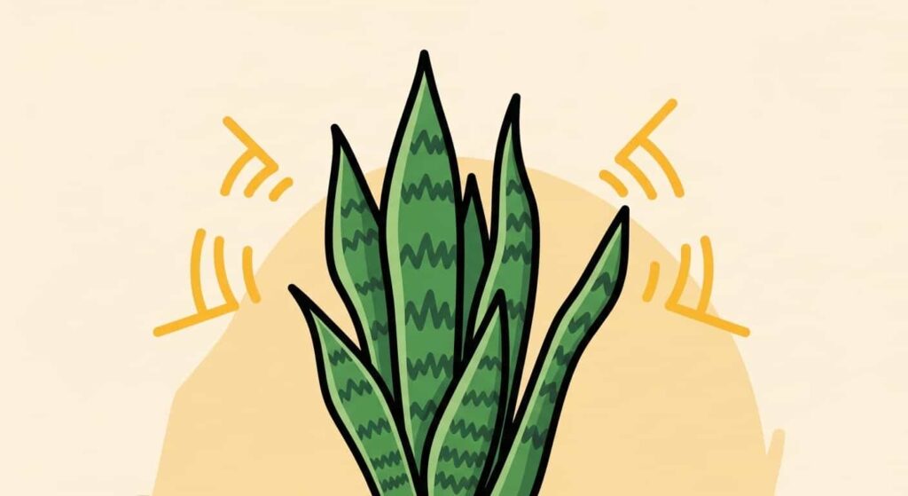 Cartoon illustration of a snake plant glowing with protective energy, symbolizing strength and positivity in Feng Shui