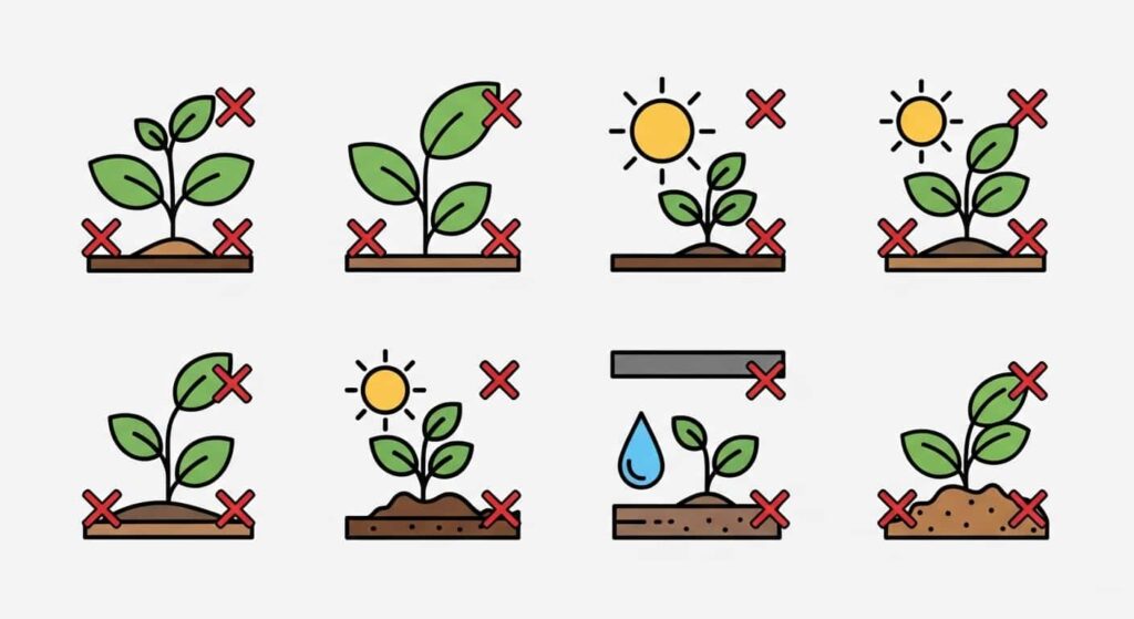 Cartoon guide showing common orchid care mistakes like overwatering, direct sun, and using soil.