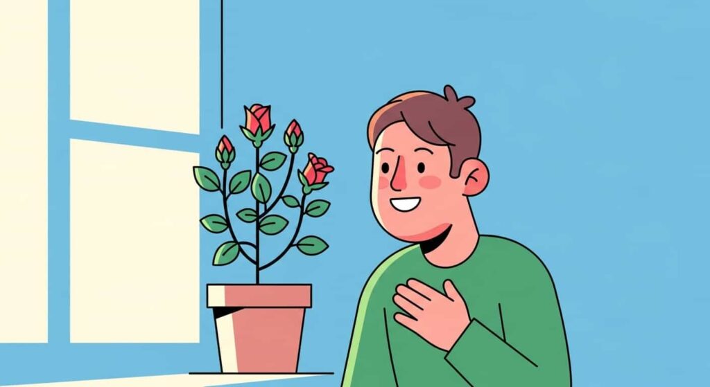 Cartoon illustration of sense of purpose and fulfillment from growing indoor roses