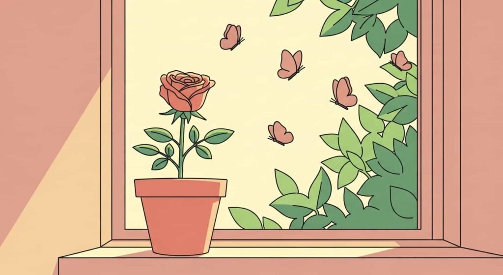Cartoon illustration of an indoor rose connecting people with nature indoors