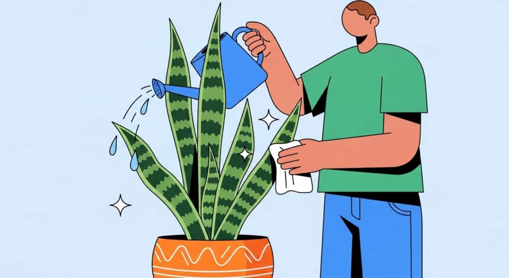 Cartoon of maintaining a snake plant with care for positive Feng Shui energy.