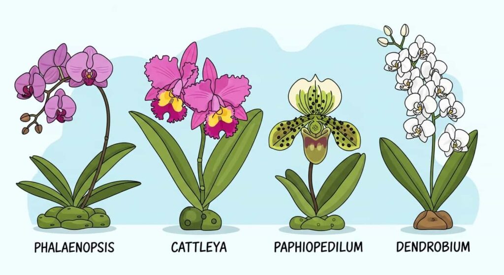 Cartoon illustration comparing orchid types with labeled flowers for identification.