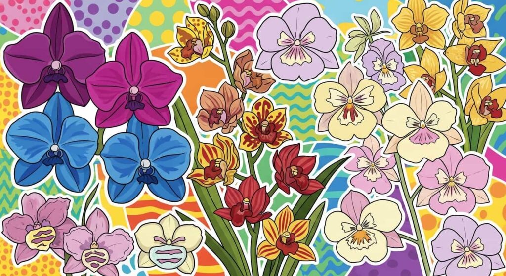 Cartoon collage of various orchid types in bloom including Vanda and Cymbidium.