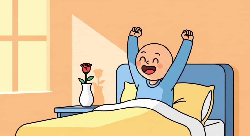 Cartoon illustration of joy and happiness from blooming indoor roses