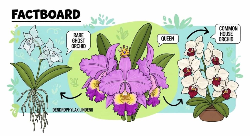 Cartoon factboard featuring fun orchid facts with Ghost Orchid, Cattleya, and Phalaenopsis.