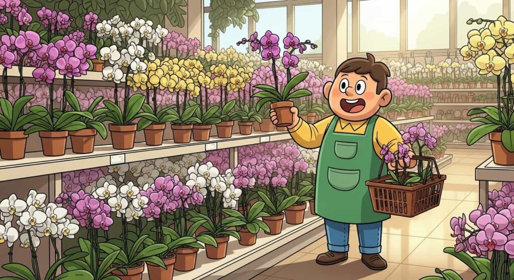 Cartoon of a beginner gardener choosing orchids at a nursery to start their journey