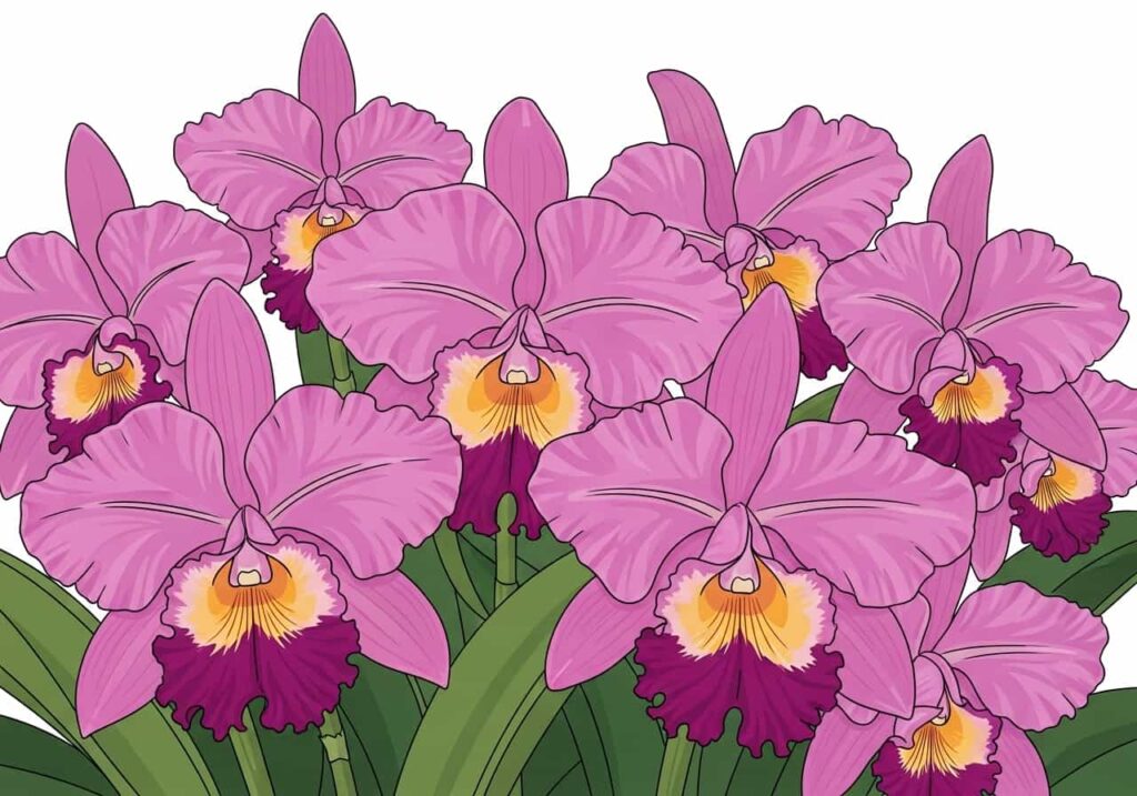 Cartoon of large, vibrant pink and purple Cattleya orchid flowers representing their royal status
