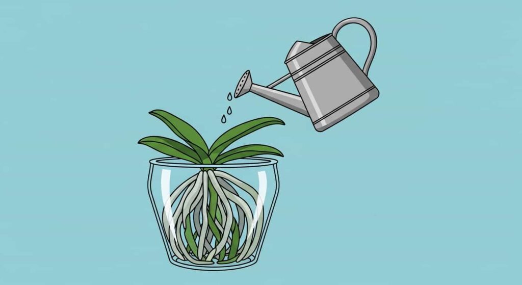 Cartoon orchid in a clear pot with visible roots, showing minimal water being poured in