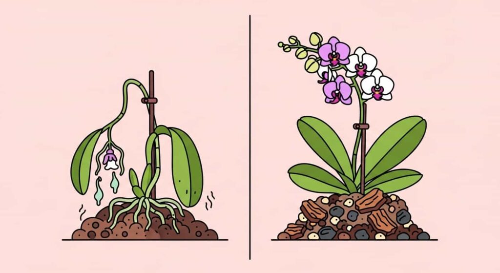 Cartoon orchid showing the wrong soil on one side and airy bark mix on the other