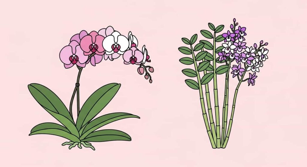 Cartoon comparison of Phalaenopsis vs. Dendrobium orchid plant structure.