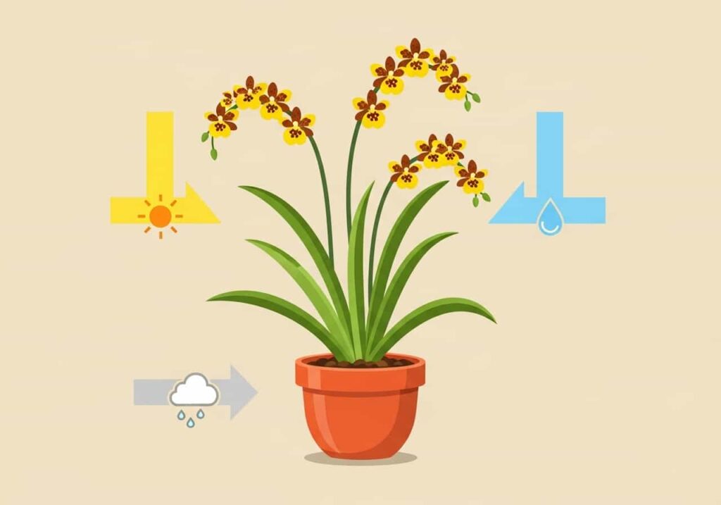 Cartoon care guide showing an Oncidium orchid in a pot with simple light, water, and humidity symbols on a beige background